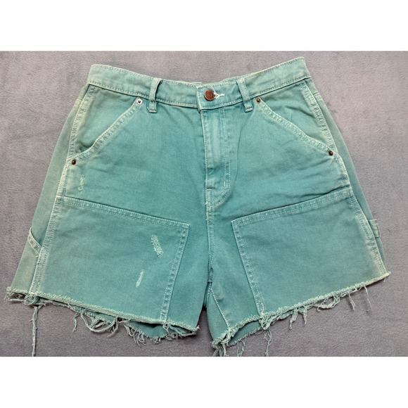 BDG Teal Distressed Carpenter Denim Shorts Raw Hem Women Grunge Hipster - Picture 2 of 8